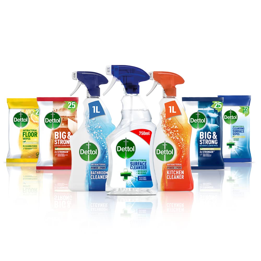 Dettol Cleaning Bundle - 3 Cleaning Sprays and 4 Packs of Antibacterial Wipes (Multi-Surface, Bathroom, Kitchen and Floor)
