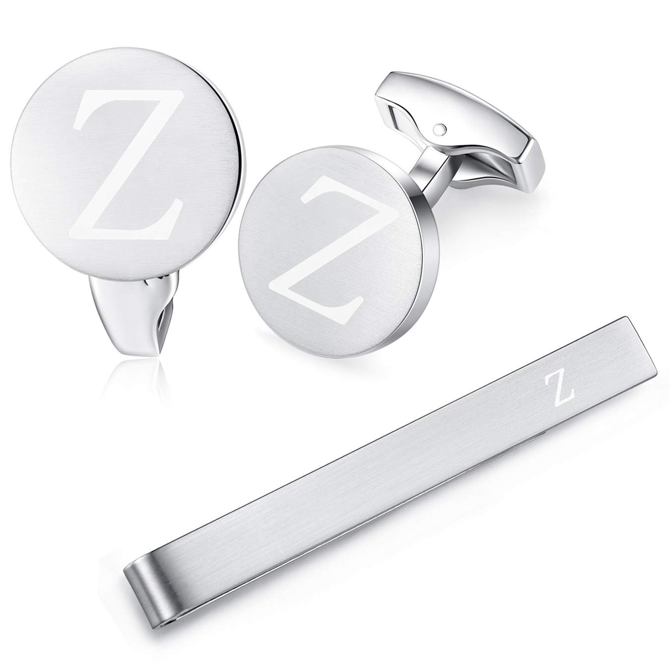 HONEY BEAR Initial Alphabet Letter Cufflinks Tie Clip Set for Mens - Brushed Silver Round Stainless Steel, for Business Wedding Gift,5.4cm (Z)