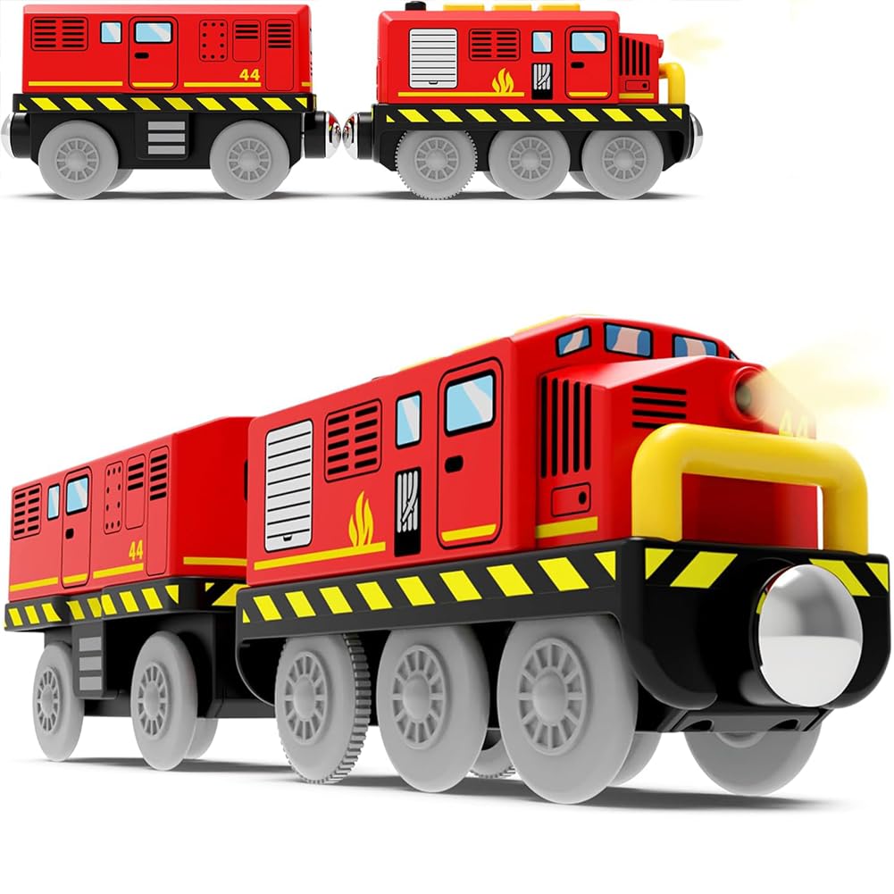 ZUOAN Wooden Train Toy Battery Operated Locomotive for Track, Motorised Toddlers with Magnetic Connection, Compatible Thomas, Brio, Chuggington, Melissa and Doug, Red