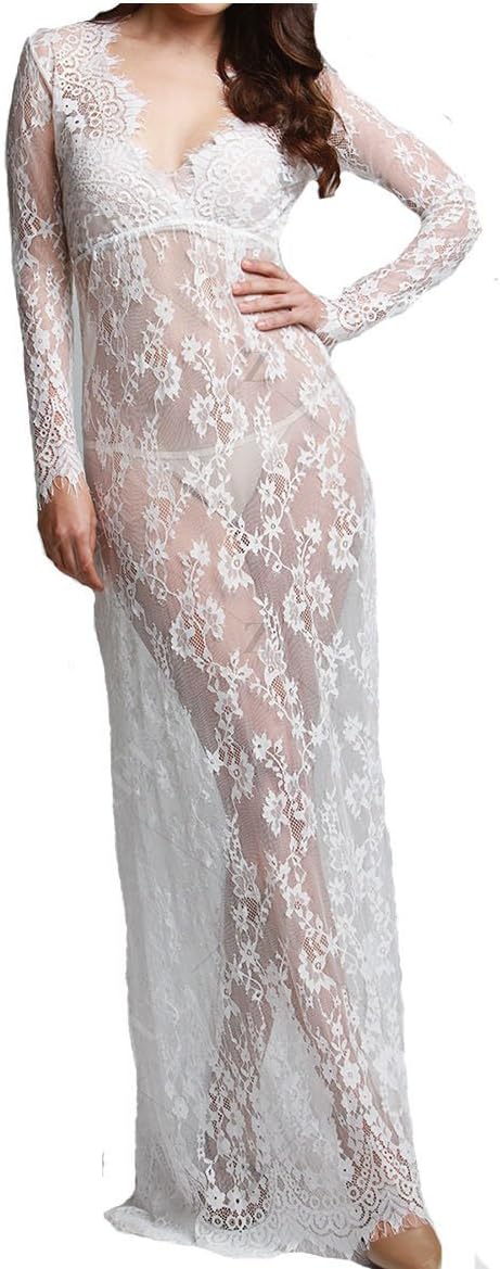 Sexy See-through Deep V-neck Lace Maxi Long Tail Full Sleeve Dress for Beach