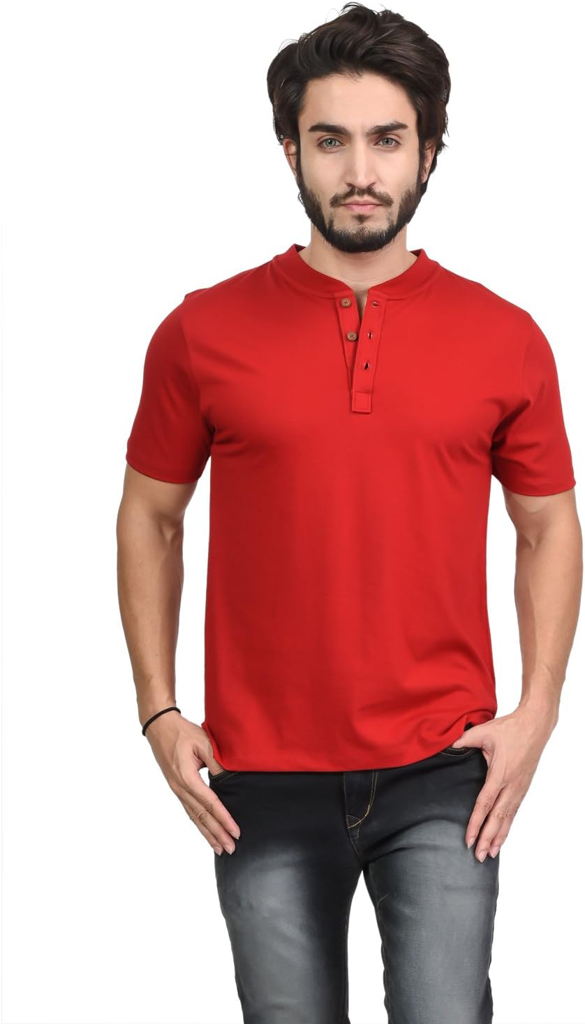 KaltMen's Cotton Blend Plain Half Sleeves Henley Neck T-Shirt (Red)