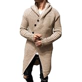 Esobo Mens Long Hooded Cardigan Button Up Knit Sweater Long Sleeve Cardigan Sweaters with Pockets