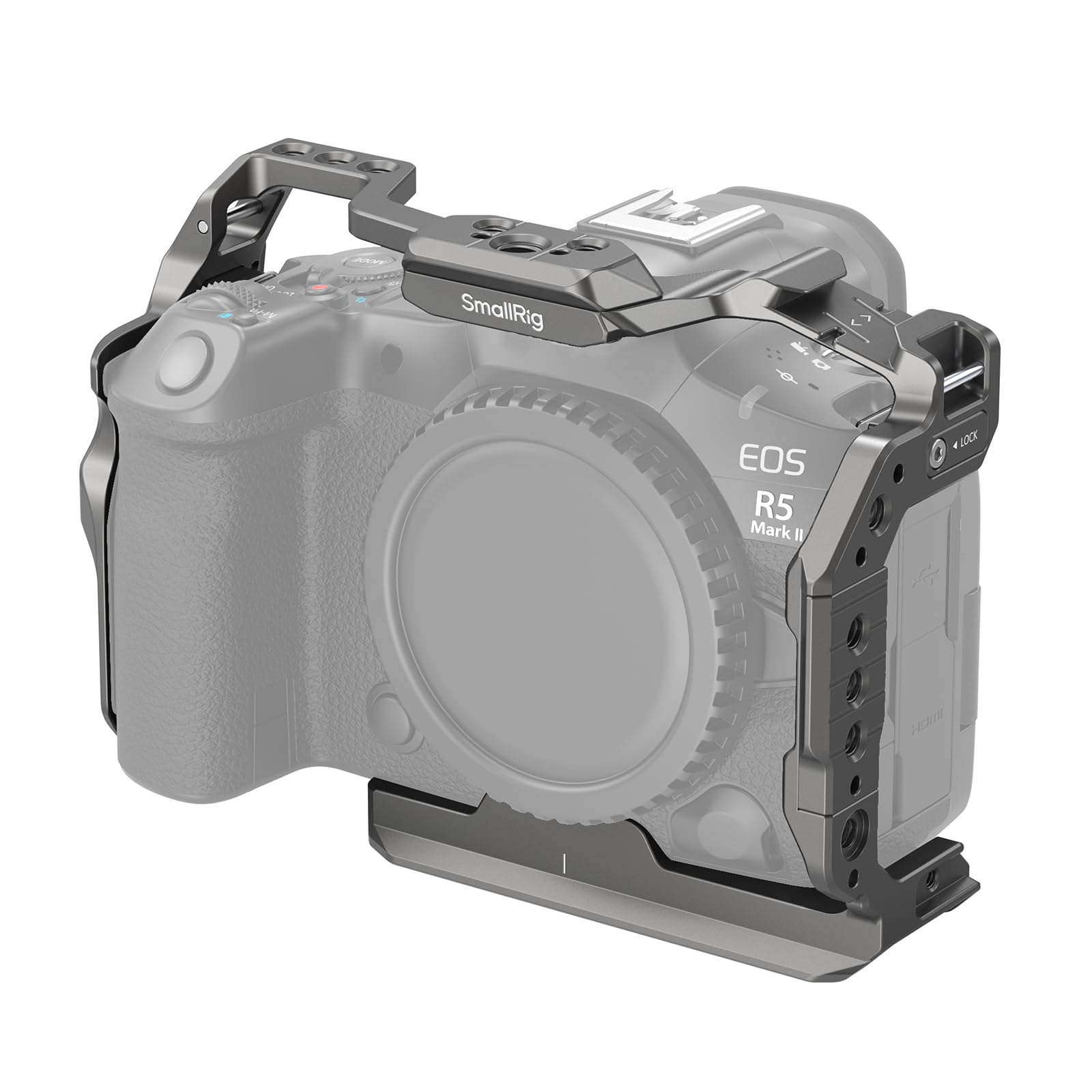 SmallRig HawkLock Quick Release Cage for Canon EOS R5 Mark II with Tempered Screen Protector, with 1/4"-20 Threaded Holes, 3/8"-16 Threaded Holes, Cold Shoe, NATO Rails, Titanium Gray - 4977