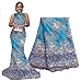 5 Yards African Lace Fabrics Nigerian French Beaded Tulle Fabric (Blue)
