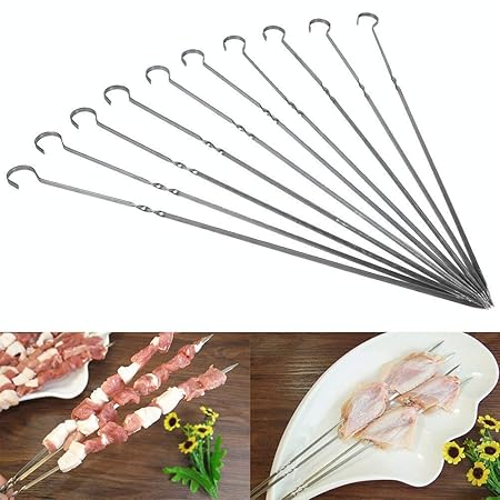 MODERN INNOVATOR 10PC Stainless Steel Flat Metal Barbecue Skewers Shish Kebab Grilling Skewers BBQ Sticks Grill Tools- Silver