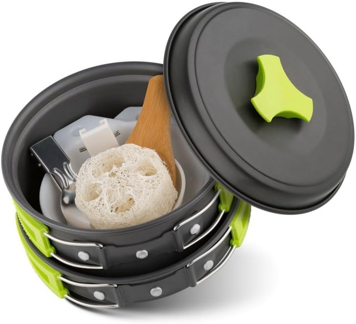 MRNIU Outdoor Utensils Set Camping Cookware Coleman Mallome Mess Kit Lightweight Cookset Pot Pan Bowls,Free Folding Spork,Stove Winds Creen