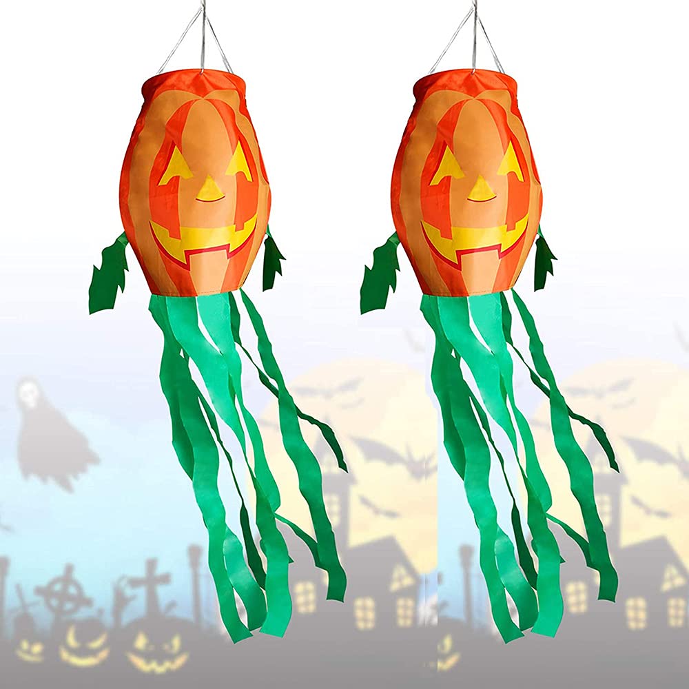 SUNNEE Halloween Pumpkin Windsock Flag Halloween Pumpkin Ghost Windsock Flag Halloween Outdoor Hanging Decoration for Yard Patio Garden Pathway Party Decoration 2 Pack