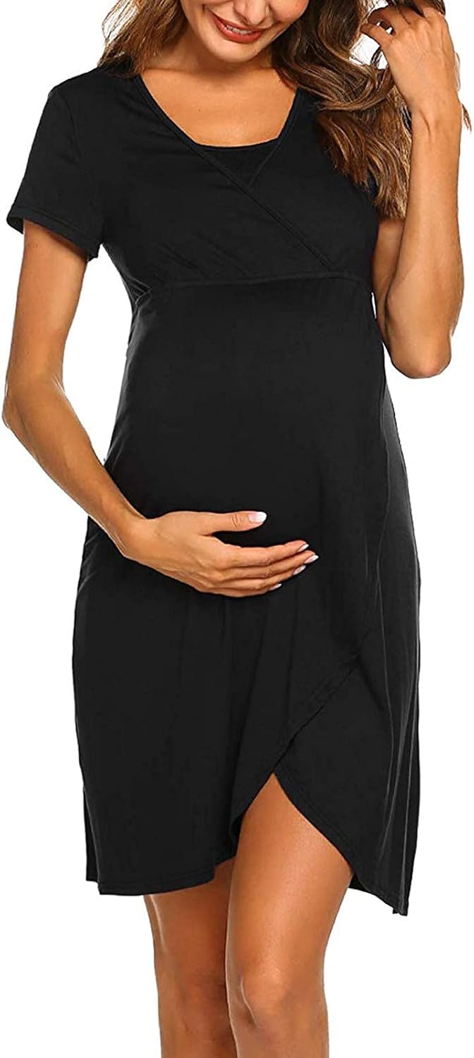 Women's Nursing Pregnancy Nightgown Soft ShortSleeve Solid HiLo