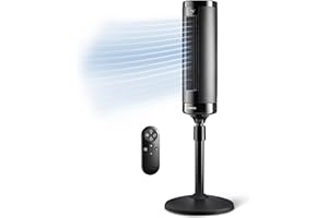LASKO Elevation Adjustable Tower Fan 42”-54”, Pedestal Fan, 31 ft/s Airflow, Quiet 28 dB, 90° Oscillation, 12h Timer, Remote, Black, EST100