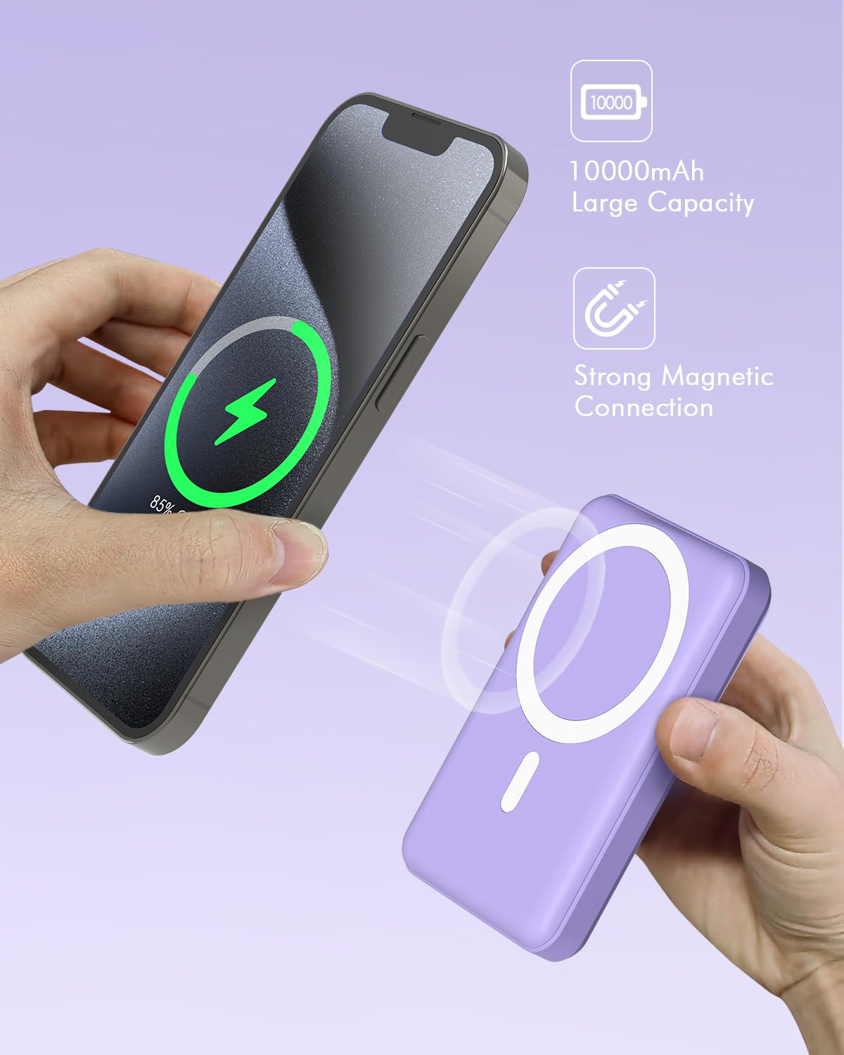 podoru for Magsafe Battery Pack, 10000mAh Magnetic Power Bank with Type-C Cable LED Display 22.5W PD Fast Charging Wireless Portable Charger for iPhone 16/15/14/13/12 Series-Purple