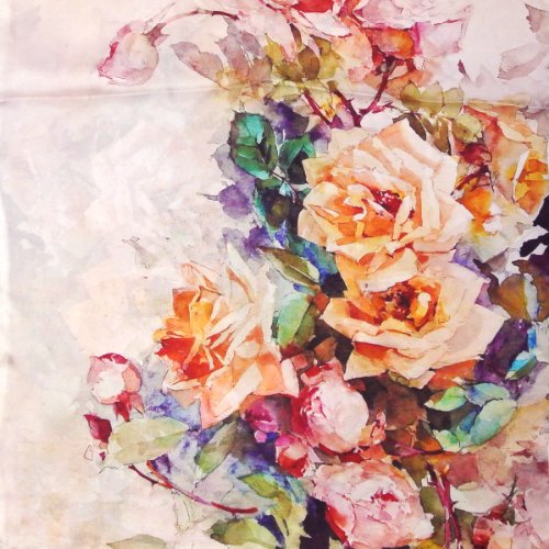 Wrapables Luxurious 100% Charmeuse Silk Floral Painting Long Scarf with Hand Rolled Edges, Roses in Bloom