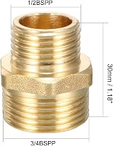 Sourcing Map Brass Reducing Hex Nipple 3/4 BSPP Male x 1/2 BSPP Male Adapter view 2