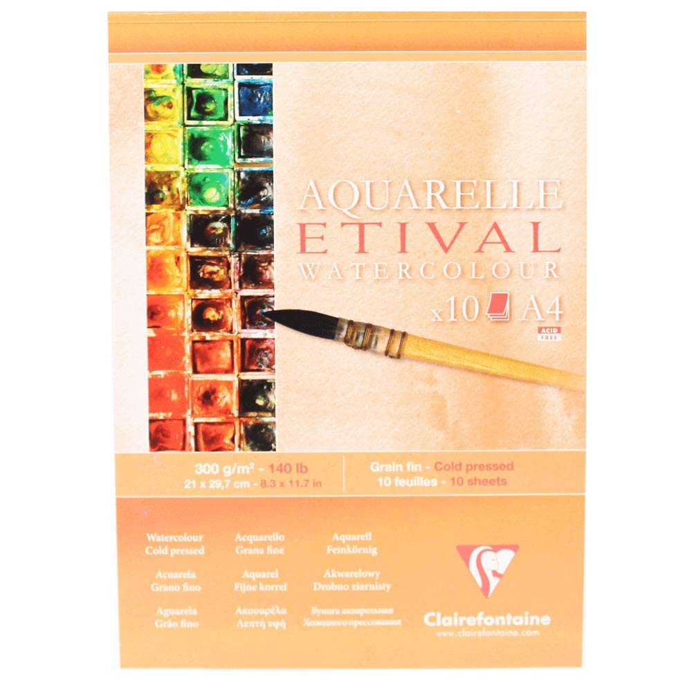 Clairefontaine - Ref 96305C - Etival Cold Pressed Economical Glued Watercolour Painting & Drawing Pad (10 Sheets of Paper) - A4 (29.7 x 21cm) - 300gsm Cellulose Art Paper