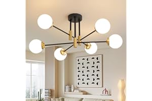 Deyidn Sputnik Chandeliers, Black Gold Modern Chandelier for Dining Room, Mid Century Ceiling Lights 6-Light with Milk White Glass Globe Shade