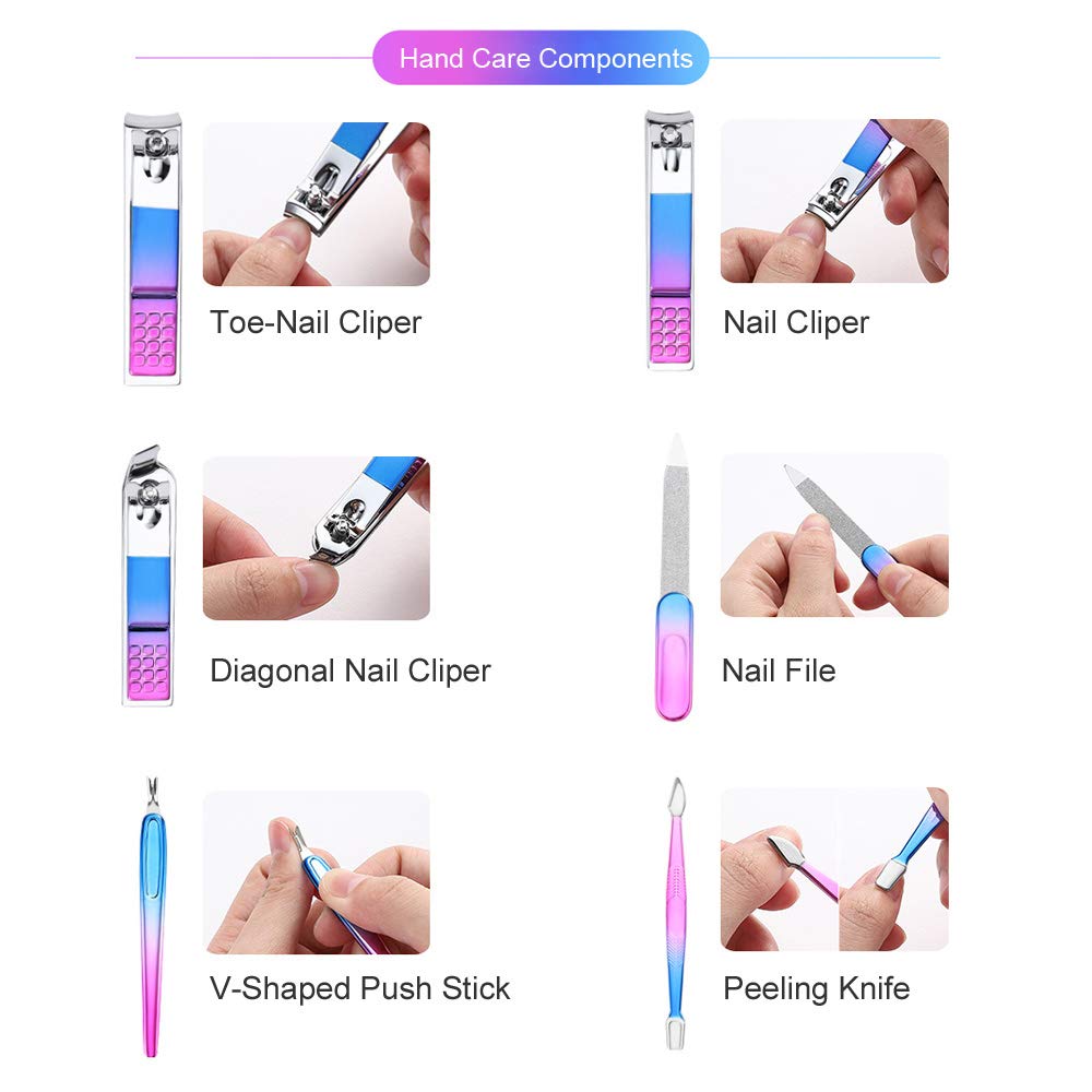 ZIZZON Manicure set Pedicure kit Nail Care Grooming tool with Zipper Travel Case Blue Purple : Beauty