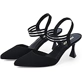 JENN ARDOR Women's Closed Toe Kitten Heels Slingback Pumps Elastic Ankle Strap Sandals Pointed Toe Wedding Prom Dress Shoes