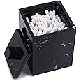 JUNGFORD Square Qtips Stand, Bathroom Counter Top Organizer with Lid for Cotton Swab Ball Makeup Sponge Mat Bath Salt, Made of Imitation Marble Resin (Black)