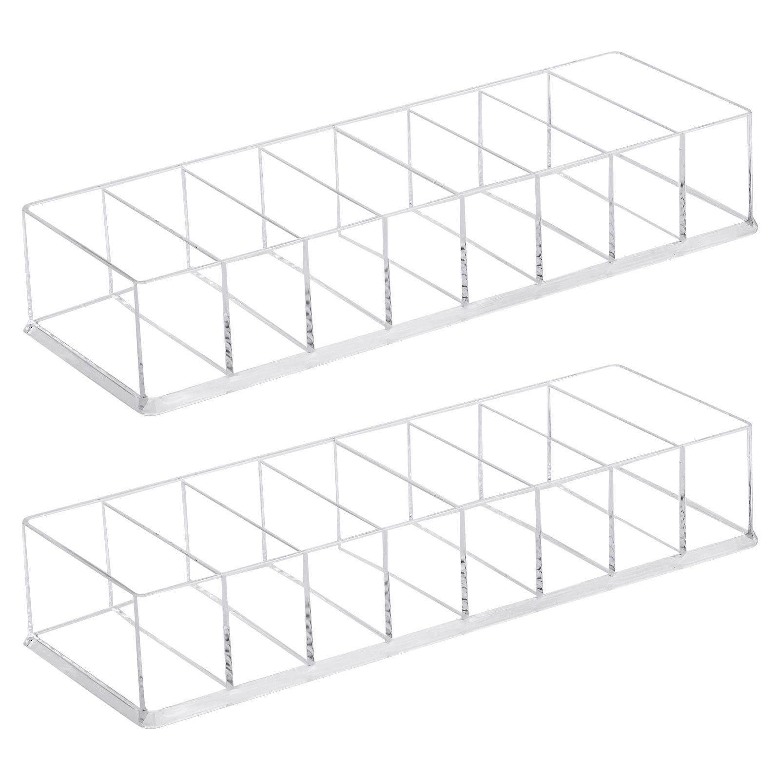 2Pcs Make Up Organizer Cosmetic Lipstick Storage Organiser Clear Nail Polish Container Makeup Holder Display Transparent Dressing Table Box 8 Grids Beauty Case for Bathroom Bedroom (7.5 * 2.7cm/Grid)