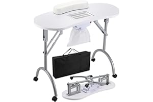 Faquenc Portable Nail Desk with Nail Dust Collector, Rolling Manicure Table Foldable for Nail Tech, Professional Nail Art Table with Wrist Cushion, 4 Lockable Wheels & Organizer Carry Bag, White