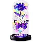 Valentines Day Purple Butterfly Rose Flower Gifts for Her, Romantic Galaxy Light Up Rose Flower in Glass Dome, Unique Valentine's Gifts for Wife Girlfriend Mom Daughter Women Galentines Birthday