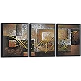 Pyradecor Black Framed Canvas Wall Art Modern 3 Piece Canvas Prints Abstract Brown Landscapes Pictures Paintings for Living Room Bedroom Kitchen Decorations