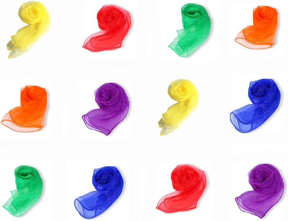 Kmool Hemmed Squard 24" Silk Scarves in 6 Colors for Creative Childhood Play, Magic, Rhythm, Ornament (12 pieces per package )