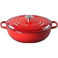 EDGING CASTING Enameled Cast Iron Dutch Oven Shallow Casserole Braiser with Dual Handle, 3.8 QT, Red