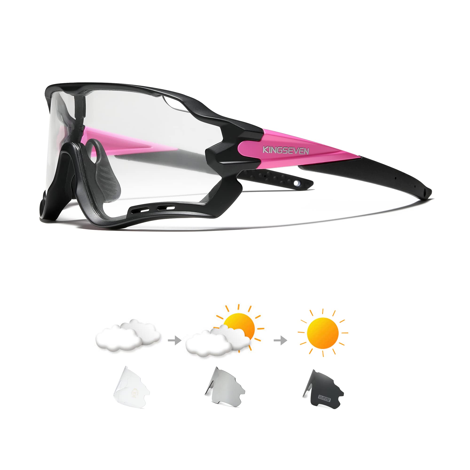 KINGSEVEN Cycling Glasses for Men Women Bicycle Sports MTB Road Bike Sunglasses Photochromic Lenses LS-911 (LS911-Photochromic Pink)