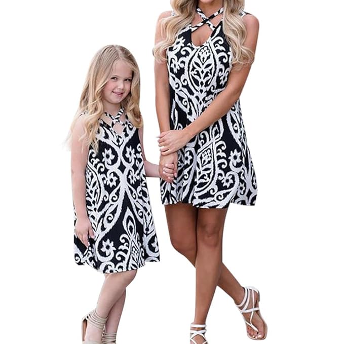 LUCKDE Mutter und Tochter Partnerlook, Mutter Tochter Minikleid Set Ballkleid Brautkleider Hochzeitskleider Strandkleid Freiz