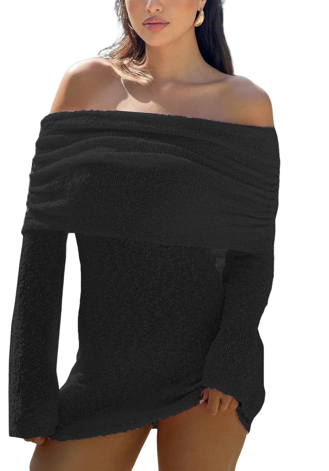 Photo 1 of Unybwonn Women's Off Shoulder Mini Dress Bodycon Long Sleeve Knit Crochet Sexy Party Lightweight Stretch Short Dresses Black size s 
