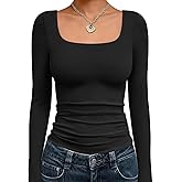 Trendy Queen Womens Long Sleeve Shirts Crop Tops Fall Fashion Solid Square Neck Going Out Basics Tees Y2k Clothes
