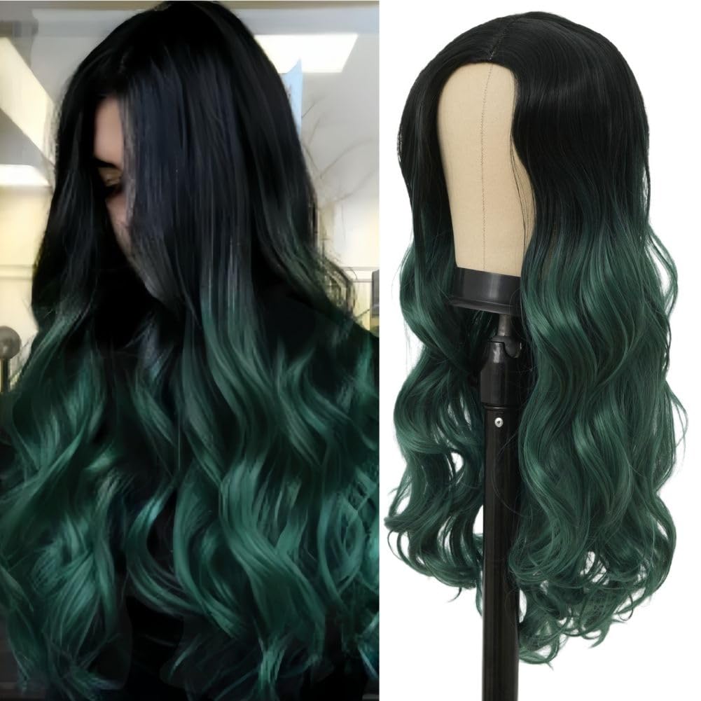 Siudus Black to Green Long Wavy Wigs for Women Curly Ombre Green Synthetic Natural Middle Part Wave Hair Wig for Halloween Daily Use — image 1