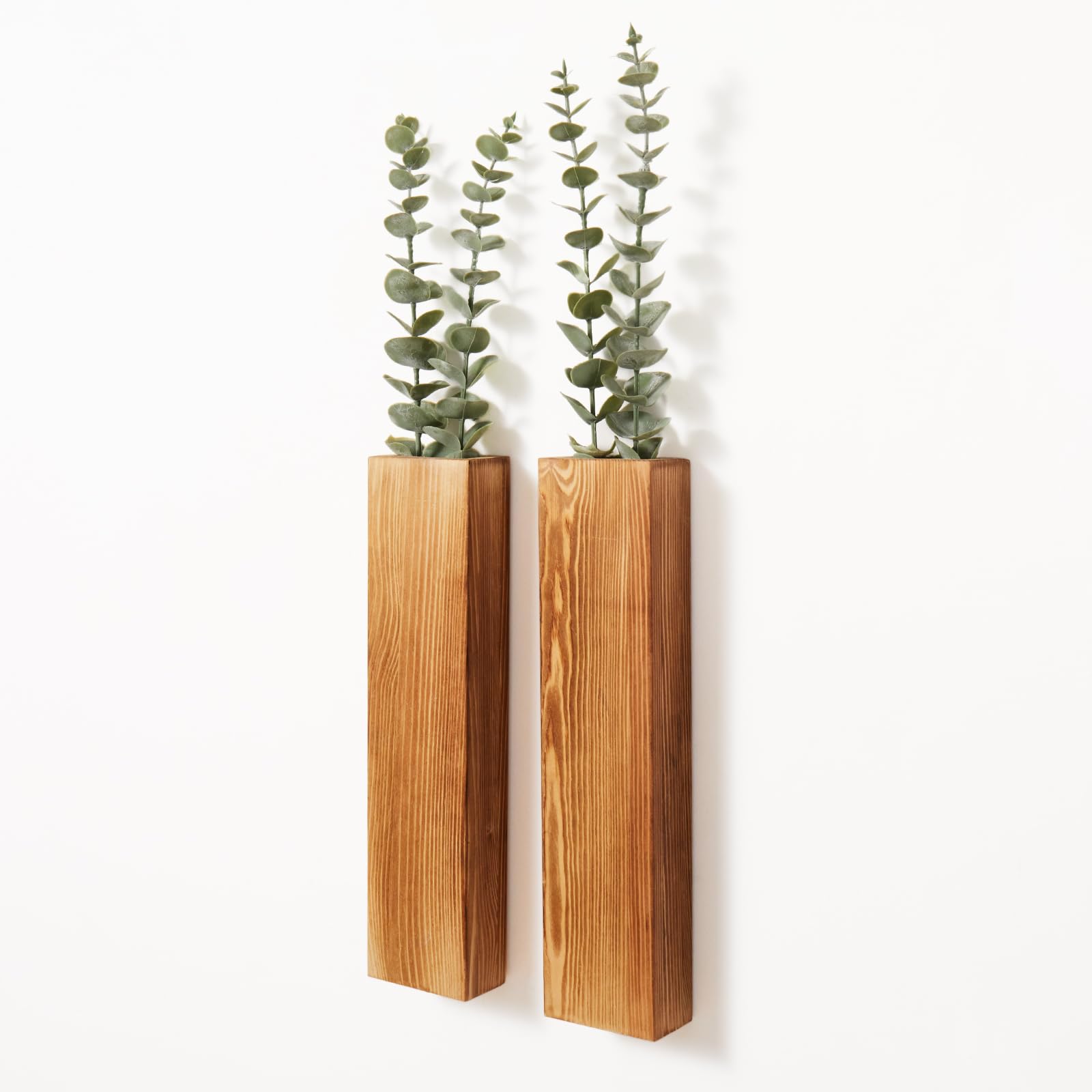 Photo 1 of Mokof 2-Pack Wood Wall Planters with 4 Removable Faux Eucalyptus Stems - Modern Farmhouse Wall Decor for Living Room, Bedroom, Bathroom - Wooden Wall Vases and Fake Eucalyptus for Home Office Decor