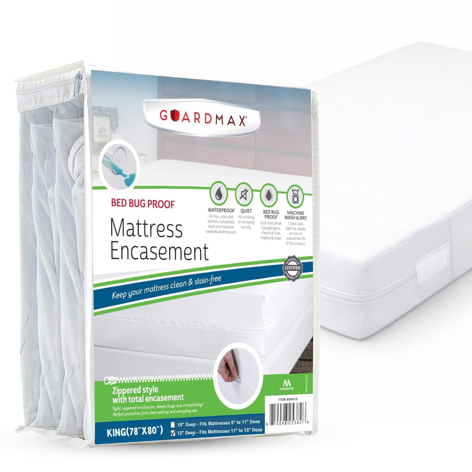 Guardmax Bed Bug Mattress Protector Cover Zippered | 100% Waterproof Encasement | Soft, Hypoallergenic and Breathable | King Size (78x80x11)