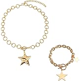 Bnwuam Chunky Necklace and Bracelet Set for Women, 2PCS Cross & Star Jewelry Sets, Trendy Gold and Silver Statement Chain Necklace for Gifts