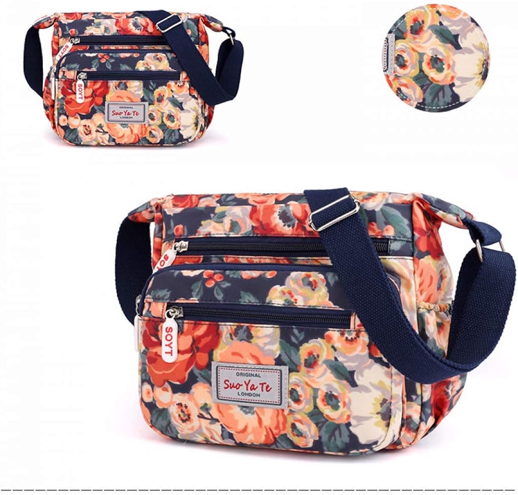 Womens Multi-Pocket Casual Crossbody Handbags Waterproof Flowral Printed Shoulder Nylon Bags Travel Messenger Bags (Floral-Orange) - Image 3