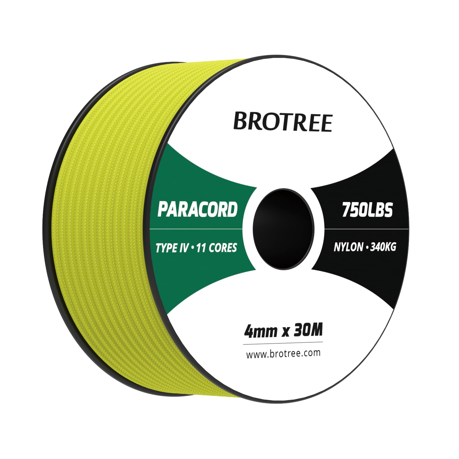 Brotree Paracord 4mm 30M 100% Nylon Rope 11 Strands 750lb Parachute Cord Type IV for Survival, Outdoor and DIY - 340kg Breaking Load (Neon Yellow)