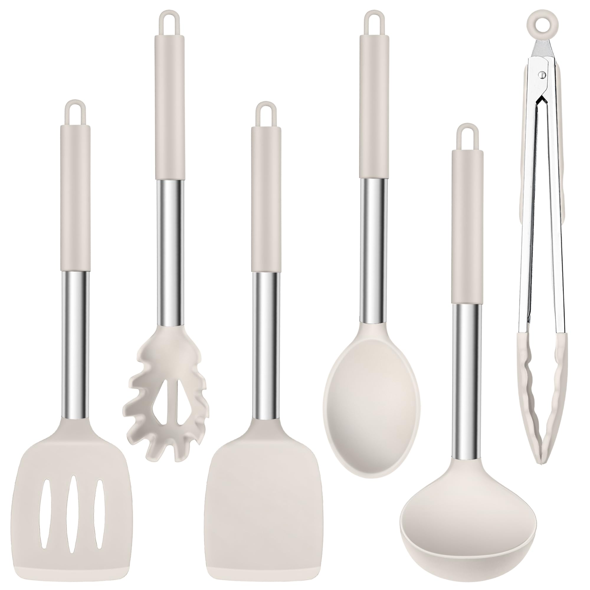 Herogo Kitchen Utensil Set, 6 Pieces Silicone Cooking Utensils, Heat Resistant Stainless Steel Handle Cooking Tools Set, Non-Stick Spatula Turner Spoon Tong for Cookware, Easy to Clean - Khaki