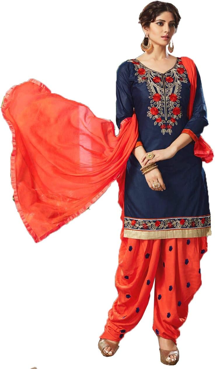 SHREE VARNI FASHION Women's Cotton & Silk Unstitched Salwar Suit (1S_Navy Blue_Free Size)