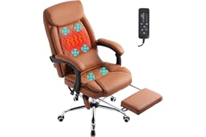 BOWTHY Executive Massage Office Chair with Heated,45°Reclining Ergonomic Office Chair with Footrest,High Back Computer Desk Chair with Wheels,Diamond-Stitched Cushion Brown Leather Office Chair