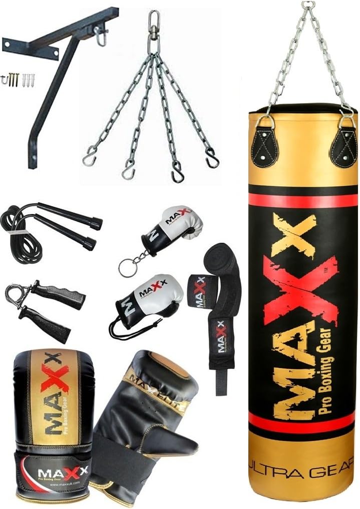 12 pcs punchbag set blk/Gold bag gloves, wall bracket gloves & more bag size 3ft, 4ft,5ft
