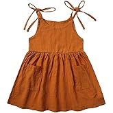 RUKOSU Toddler Baby Girl Summer Cotton Linen White Dresses Bow Straps Sleeveless with Pockets Casual Sundress