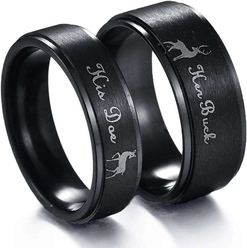 XAHH Couples Rings Engraved Her Buck His Doe His Hers Matching Set Titanium Steel Promise Band Valentine Gift Black[Please Buy Two Rings for one Pair]