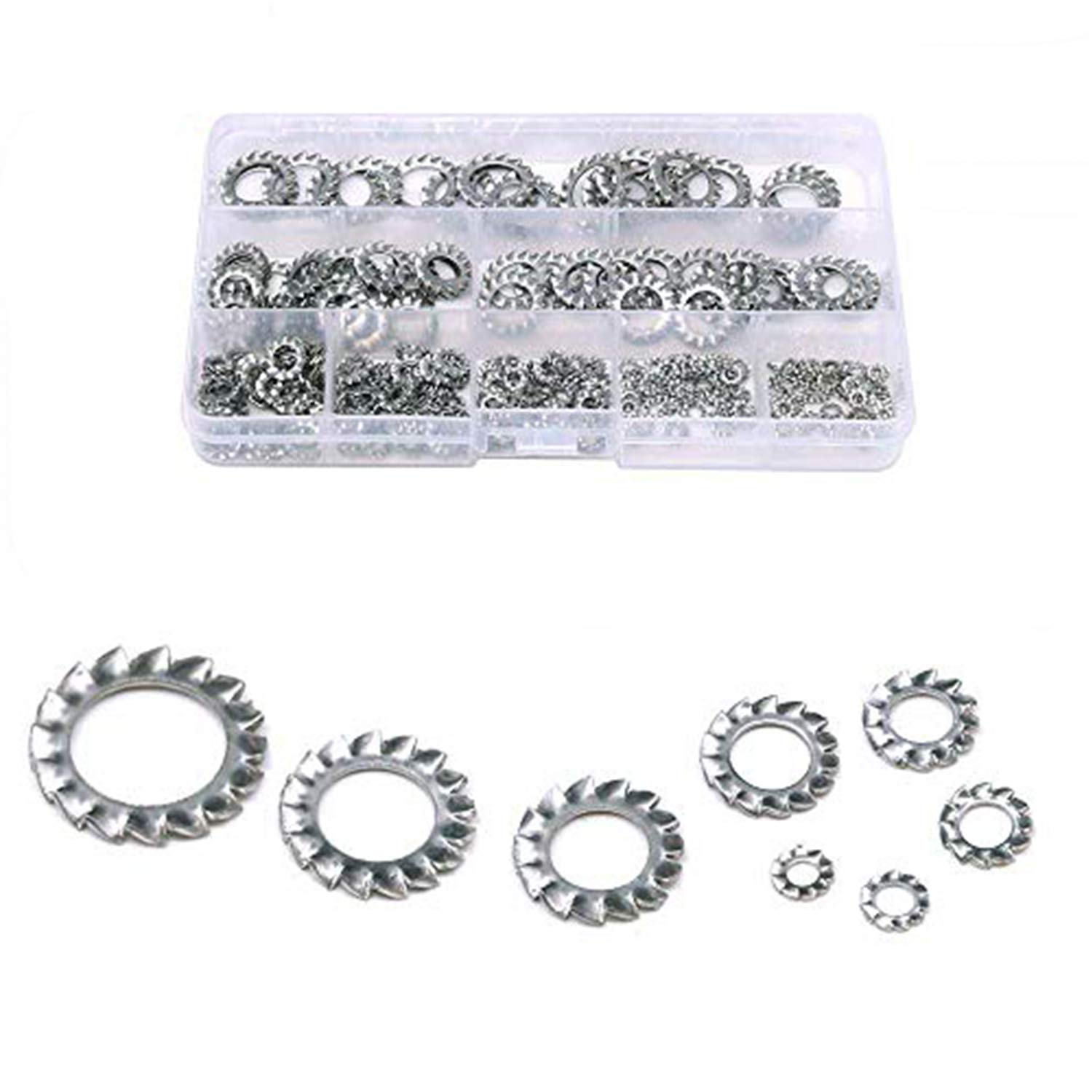 YouU 300 Pcs 304 Stainless Steel External Tooth Star Lock Washers Assortment Kit - Included: M2.5 M3 M4 M5 M6 M8 M10 M12