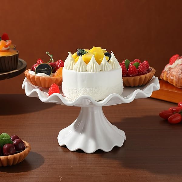 PRETYZOOM CERAMIC CAKE STAND 9.45 INCH WAVY EDGE PEDESTAL CUPCAKE STAND FOR PARTIES WEDDINGS BIRTHDAYS ELEGANT CERAMIC SERVING TRAY DESSERT DISPLAY
