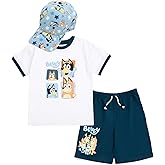 Bluey Drop Shoulder T-Shirt French Terry Shorts and Adjustable Snapback Baseball Cap 3 Piece Outfit Set Toddler to Big Kid