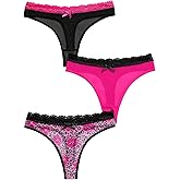 BEAUDRM Women's 3 Pack Thongs Sets Leopard Print Lace Trim Low Rise Panties Seamless Bow Briefs Thong Underwear