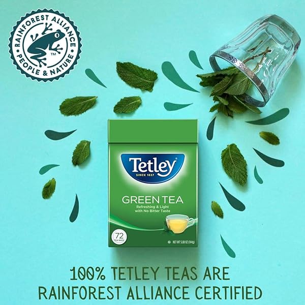 TETLEY NATURAL GREEN TEA, LEMON GREEN TEA, 72 TEABAGS (PACK OF 6) RAINFOREST ALLIANCE CERTIFIED