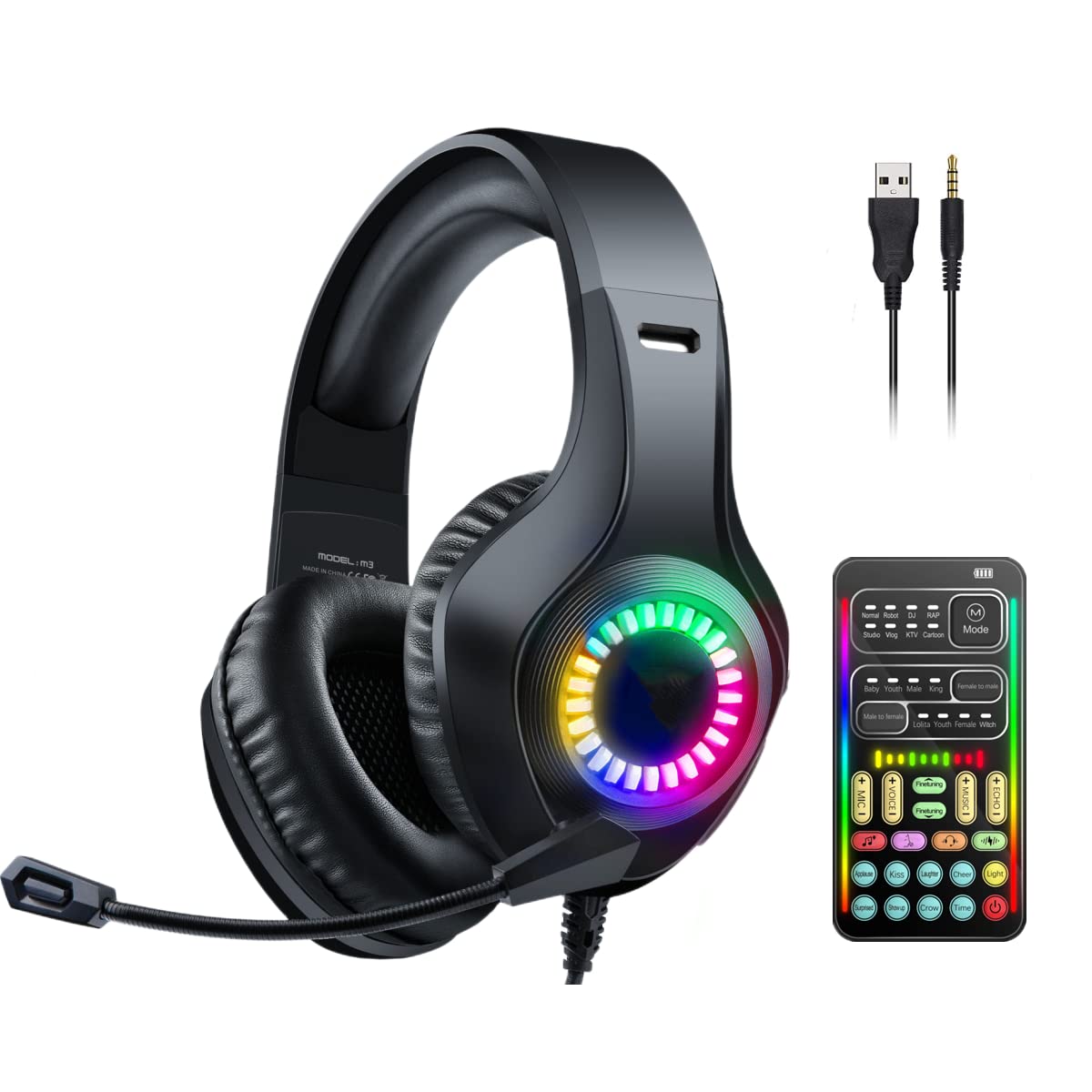 sktome Gaming Headset with Microphone, Cool LED Light, Over Ear Headphones with Volume Control, Noise Reduction, Voice Changer Gaming Headset for PS4/PS5/Xbox One/PC/Phone/Laptops(3rd Black)