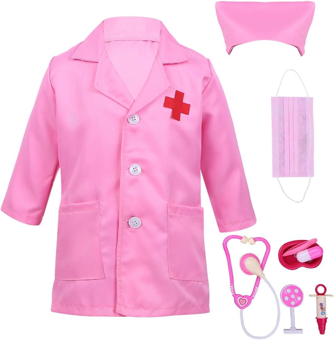 JEATHA Kids Boys Girls Doctor Halloween Cosplay Costume Long Sleeves Coat with Cap Medical Play Tools Set Outfit